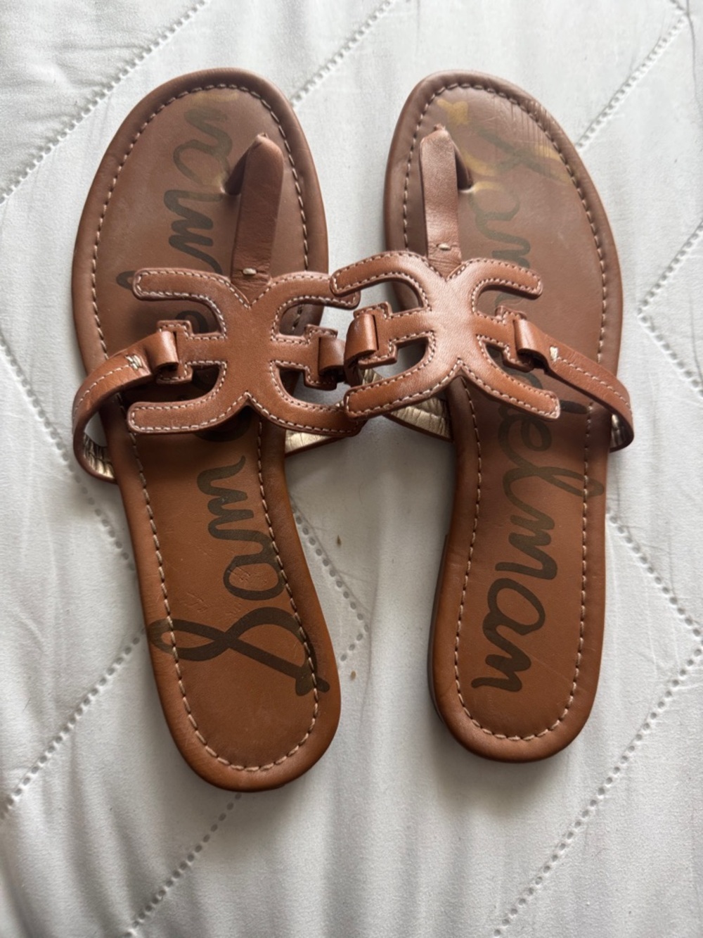 Sam Edelman Tan Brown Leather Decorative Cutout Slide Sandals